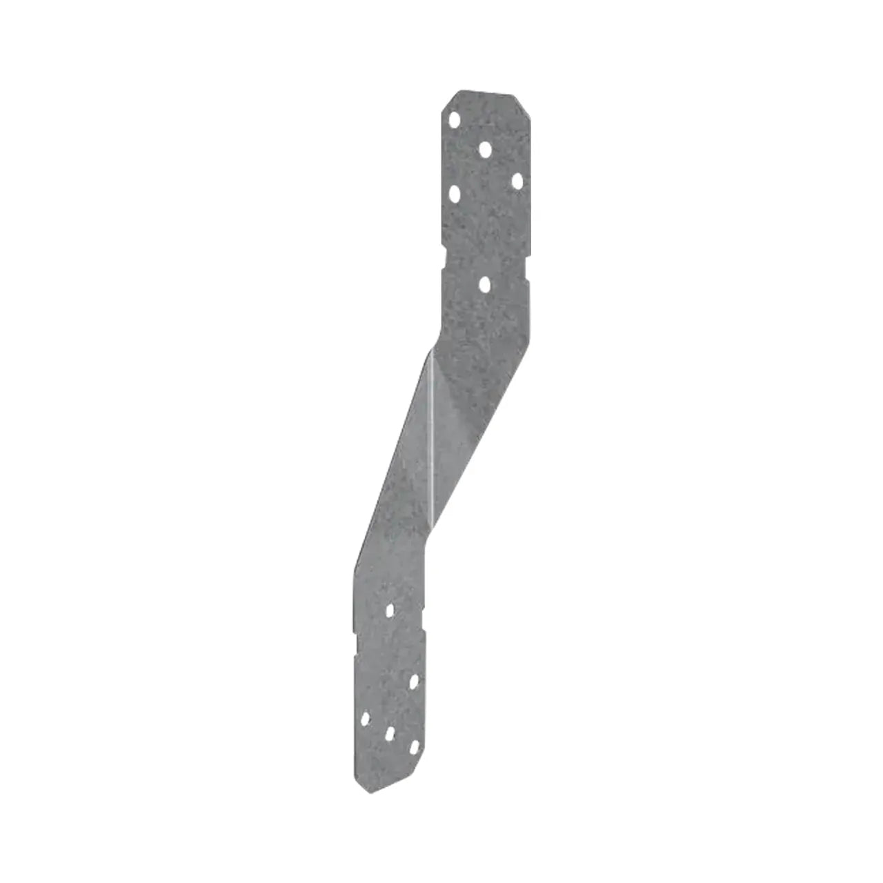 The Go Build H8 18 Ga Galvanized Hurricane Tie, with its zigzag shape and multiple screw holes, is ideal for construction or structural reinforcement. Displayed on a plain white background, it exemplifies robust engineering and ensures durability and reliability.